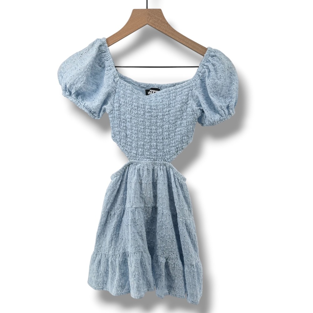 KatieJ NYC Phoenix Cut Out Sides Dress Girls Medium Blue Eyelet Smocked Summer